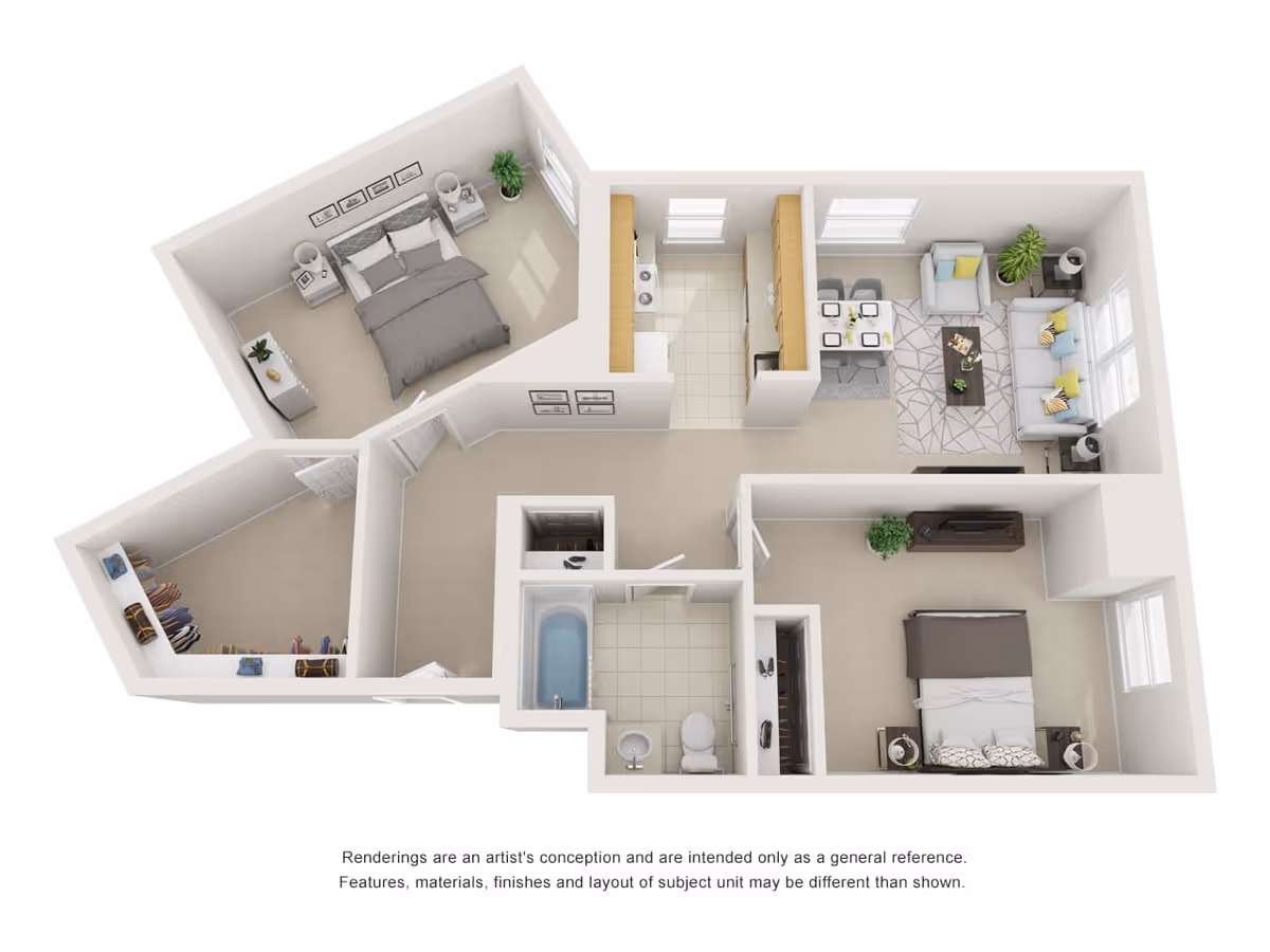 3D floor plan of an apartment unit showing two bedrooms, a bathroom, a kitchen, a living room with dining area, and a walk-in closet. The bedrooms have beds and nightstands, the bathroom has a bathtub, toilet, and sink, the kitchen has appliances and cabinets, and the living room has sofas, a coffee table, and a TV stand.