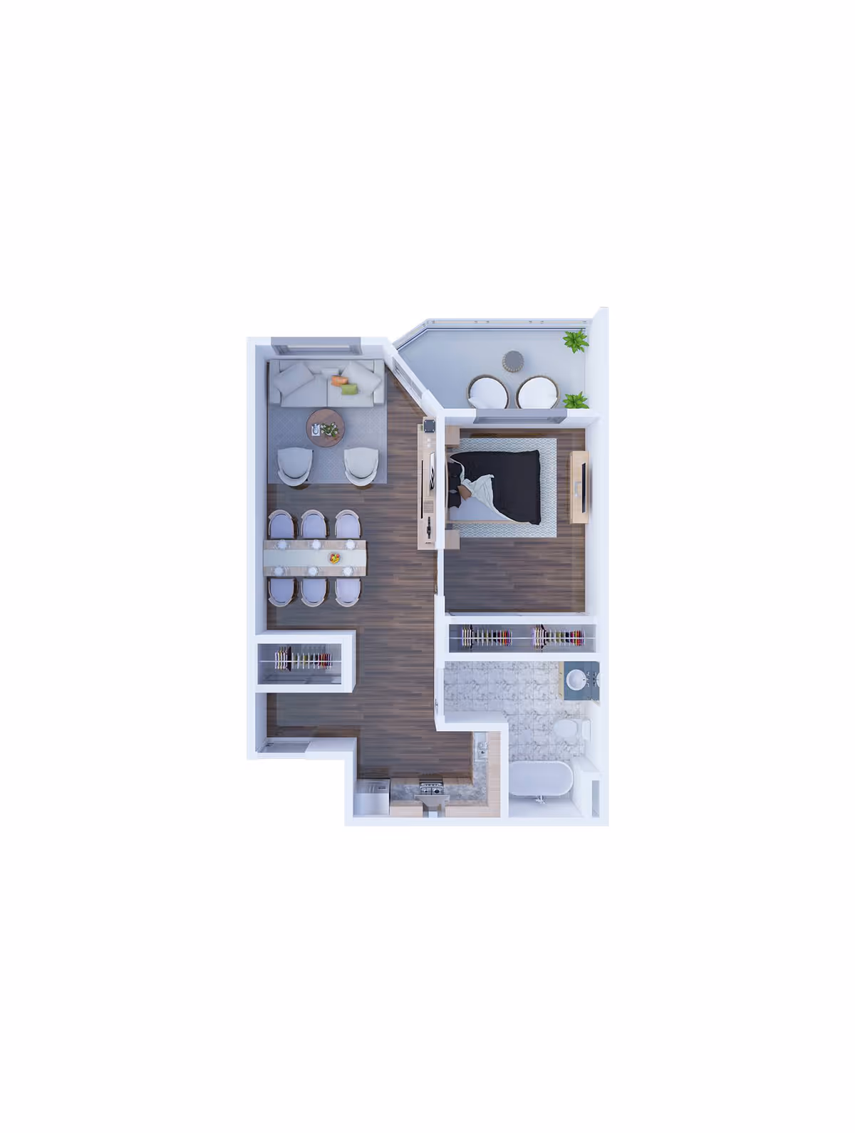 3D floor plan of a senior living apartment featuring a bedroom with a bed and TV, a living room with a sofa and chairs, a dining area with a table and six chairs, a kitchen with appliances, a bathroom with a bathtub and toilet, and a balcony with two chairs and a small table.