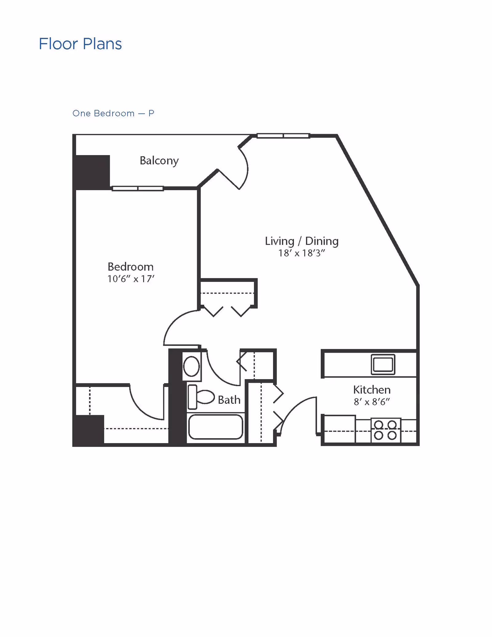 Floor plan of a one-bedroom apartment featuring a bedroom measuring 10 feet 6 inches by 17 feet, a living and dining area measuring 18 feet by 18 feet 3 inches, a kitchen measuring 8 feet by 8 feet 6 inches, a bathroom, and a balcony.