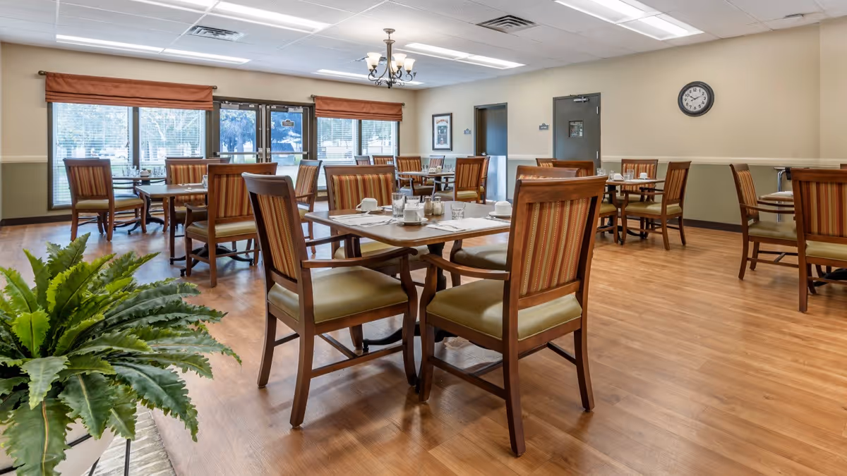 Bright dining room with wooden tables and upholstered chairs set for a meal, large windows and a potted plant.