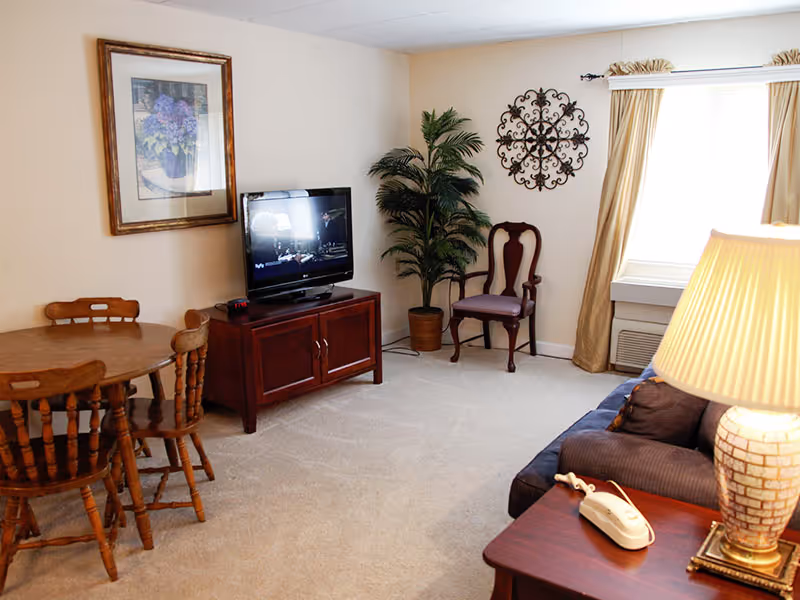 A cozy living room area with a wooden dining table and chairs on the left, a flat-screen TV on a wooden cabinet against the wall, a potted plant and a wooden chair in the corner, and a sofa with a side table and lamp on the right. A window with beige curtains allows natural light into the room, which has light-colored walls and carpeted flooring.