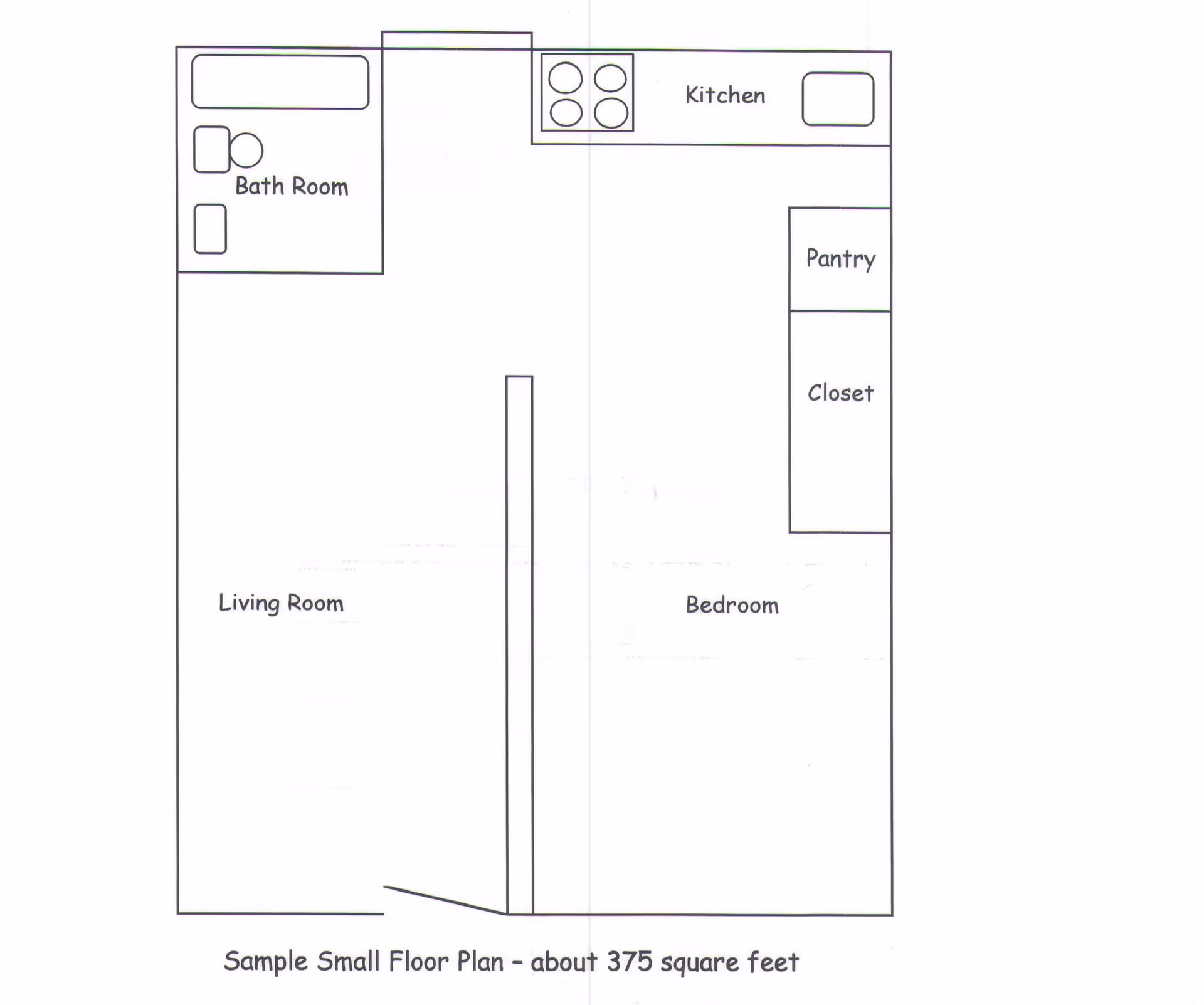 A simple black and white floor plan of a small living space approximately 375 square feet, showing labeled areas for a bathroom, kitchen, pantry, closet, bedroom, and living room.