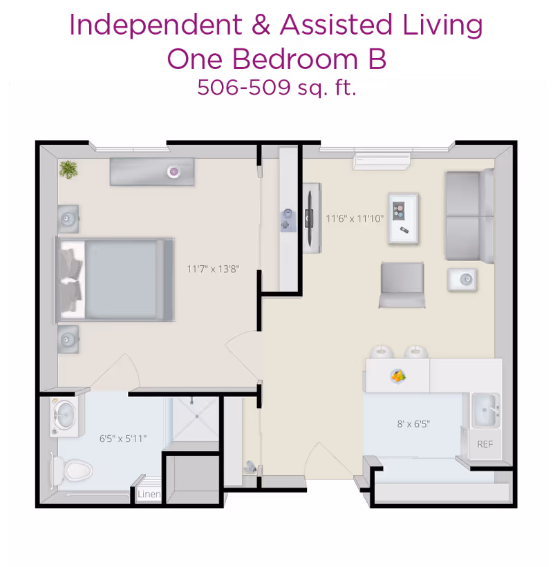 Top-down color floor plan labeled 'Independent & Assisted Living One Bedroom B' showing a one-bedroom apartment with bedroom, bathroom, kitchen, and living area.