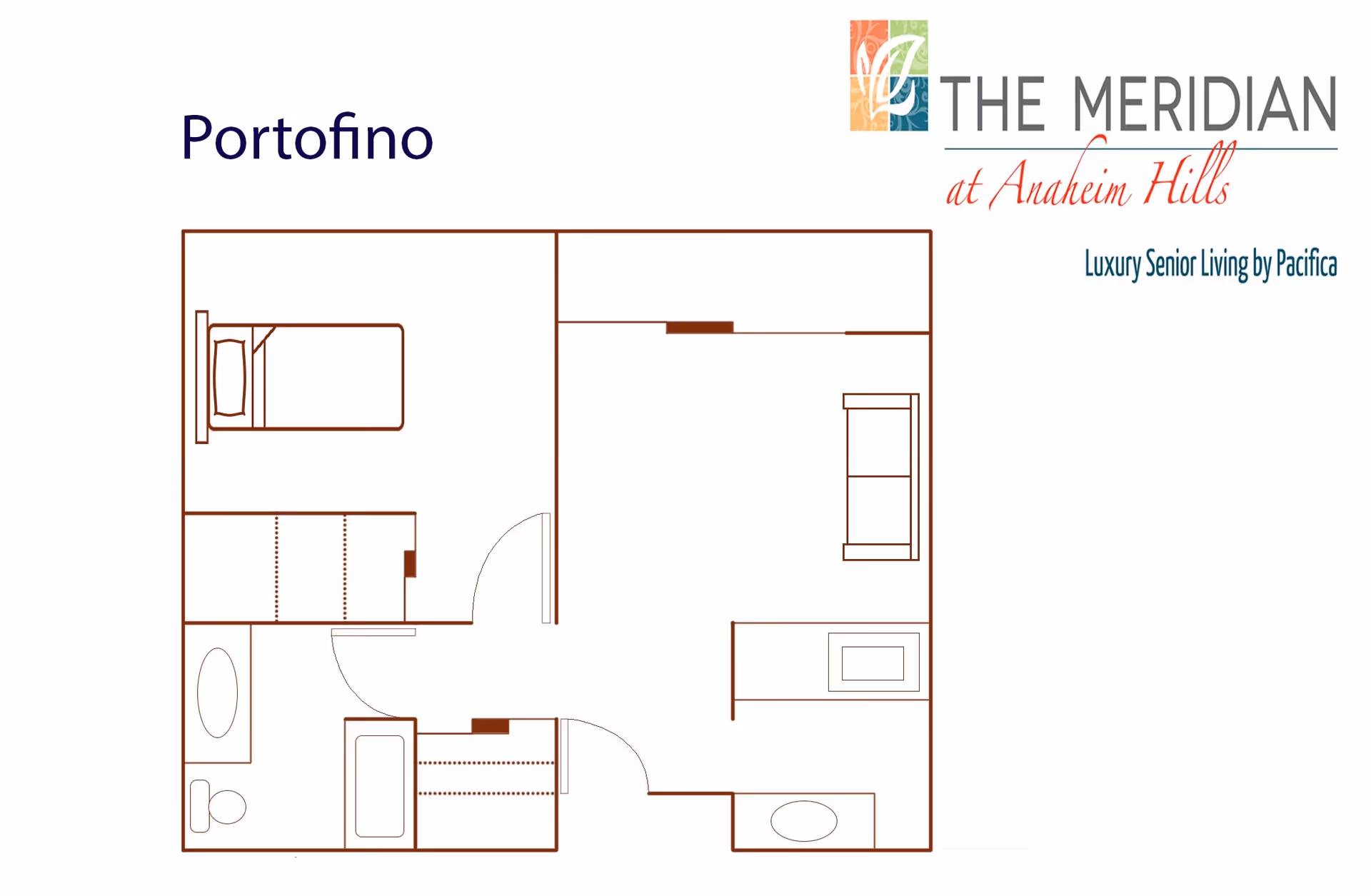 Floor plan layout named Portofino from The Meridian at Anaheim Hills showing a bedroom with a bed, a bathroom with a toilet and bathtub, and a living area with a sofa and a small table.