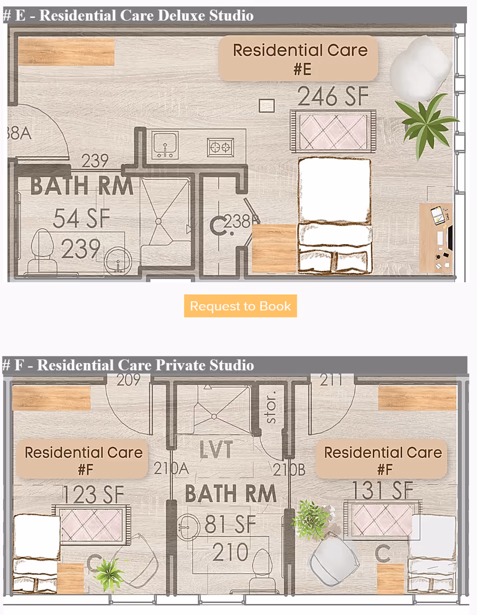 Floor plans of two residential care studio units labeled #E and #F. Unit #E is a Residential Care Deluxe Studio with 246 square feet, including a bathroom of 54 square feet, a bed, a desk, a chair, and a plant. Unit #F is a Residential Care Private Studio with two separate rooms of 123 and 131 square feet, sharing a bathroom of 81 square feet, each room furnished with a bed, a chair, a small table, and a plant.
