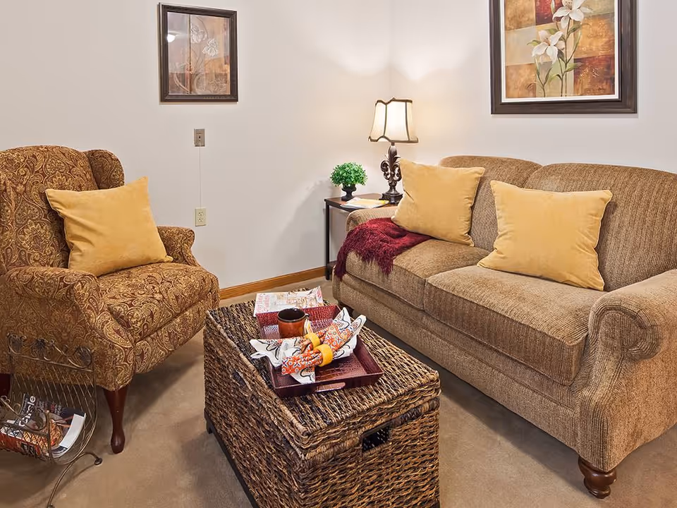Cozy living room with a patterned armchair, beige sofa with yellow pillows, wicker coffee table and a side table lamp.