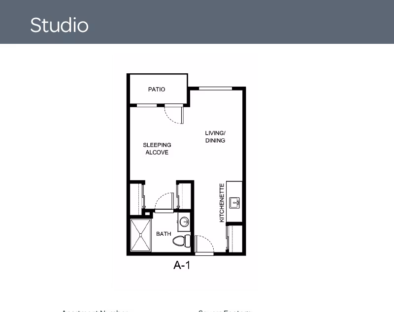 Floor plan of a studio apartment labeled A-1 showing a patio, sleeping alcove, living/dining area, kitchenette, and bathroom.