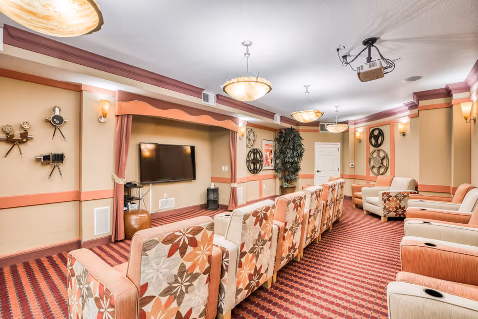 A cozy media room with patterned armchairs arranged in rows facing a flat-screen TV mounted on the wall. The room features warm beige and coral tones with decorative film reels on the walls, a patterned carpet, and soft overhead lighting. There is a potted plant near the back wall and a projector mounted on the ceiling.