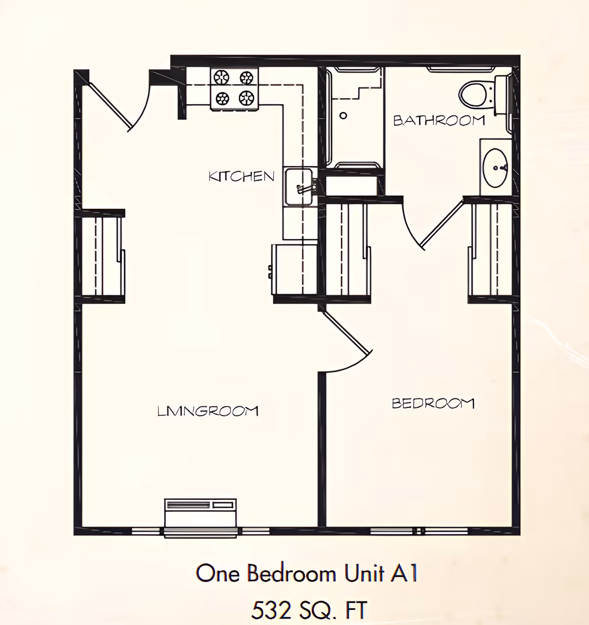 Floor plan of a one-bedroom unit labeled A1 with 532 square feet, showing a kitchen, living room, bedroom, and bathroom layout.