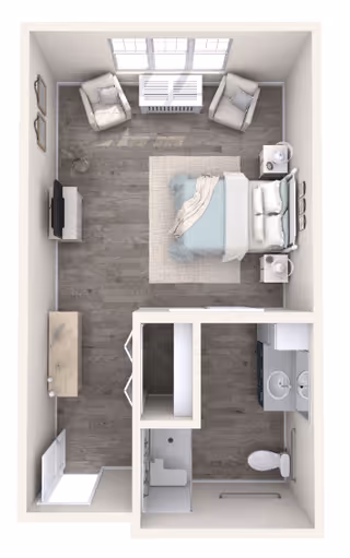 Top-down rendering of a studio apartment floor plan showing a bed with nightstands, a seating area by a window, a TV, kitchenette, and a bathroom.