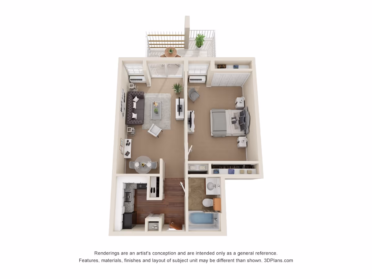 3D floor plan of a one-bedroom apartment featuring a living room with sofa, armchair, TV, and small dining table, a kitchen with appliances, a bedroom with a bed and nightstands, a bathroom with a bathtub, toilet, and sink, and a small balcony with a table and plant.