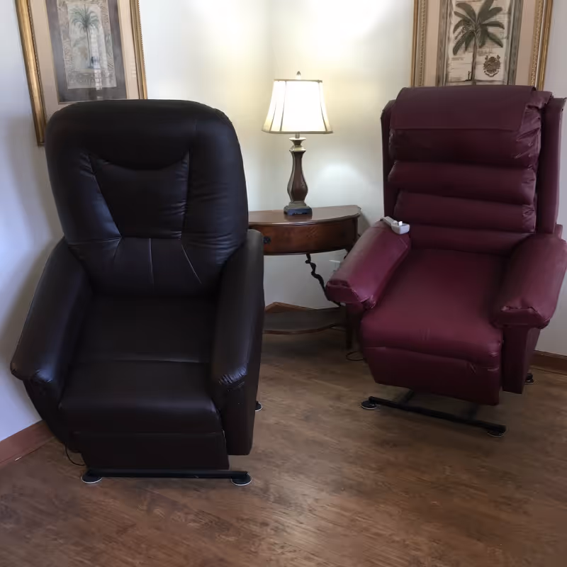 Two recliner chairs, one black and one maroon, positioned on a wooden floor with a small wooden side table and a lamp between them. Two framed botanical prints hang on the wall behind the chairs.