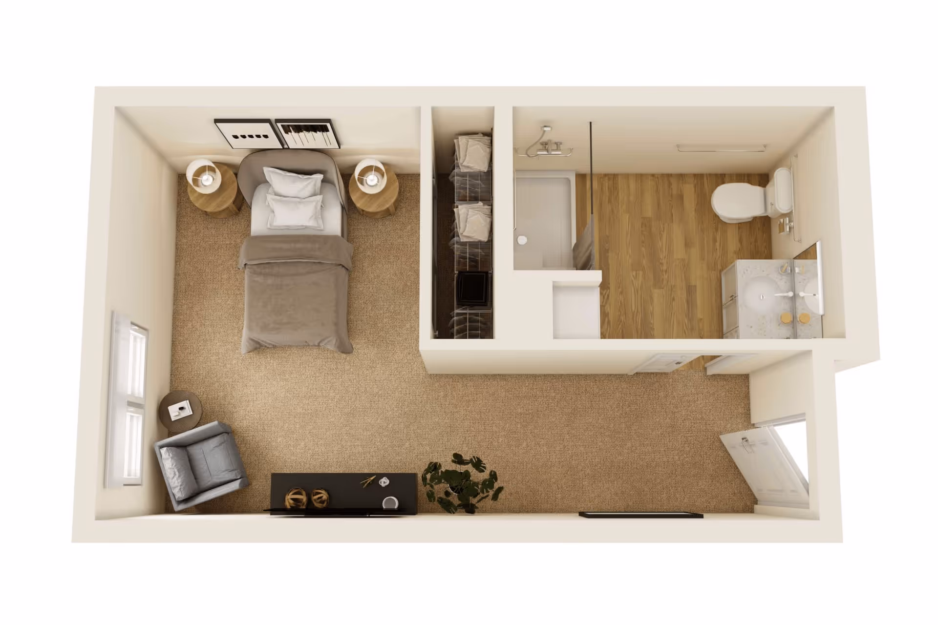 3D floor plan of a small apartment unit featuring a bedroom with a bed, two nightstands with lamps, a chair, and a small table. Adjacent to the bedroom is a bathroom with a shower, toilet, and sink. There is also a closet space between the bedroom and bathroom.