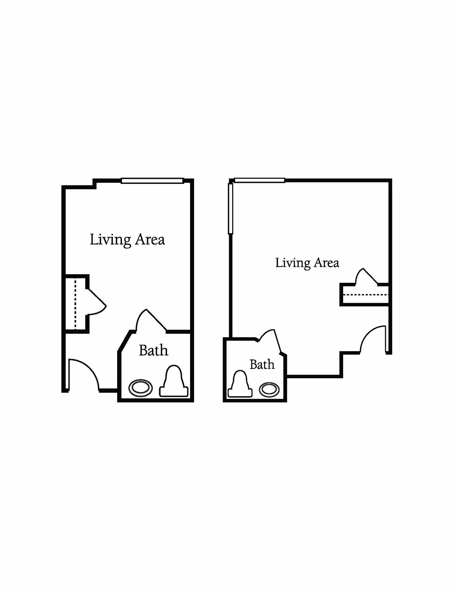 Black and white architectural floor plan showing two separate layouts, each with a labeled living area and a bath.