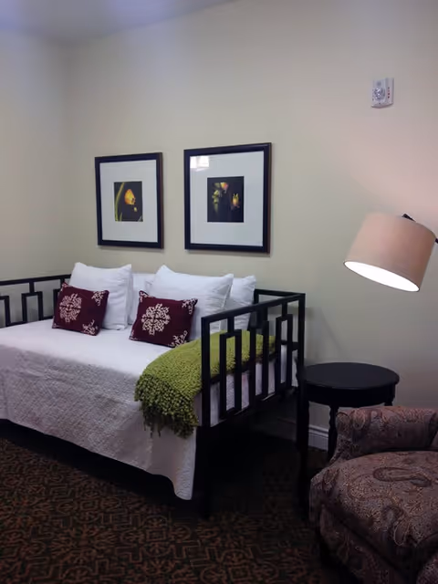 A cozy seating area with a black metal-framed daybed covered with a white quilt, two white pillows, and two decorative maroon pillows with white patterns. A green knitted throw blanket is draped over one side of the daybed. Above the daybed, two framed floral pictures hang on a beige wall. To the right of the daybed, there is a round black side table and a patterned upholstered armchair. A floor lamp with a beige lampshade is positioned behind the side table, casting light downward.