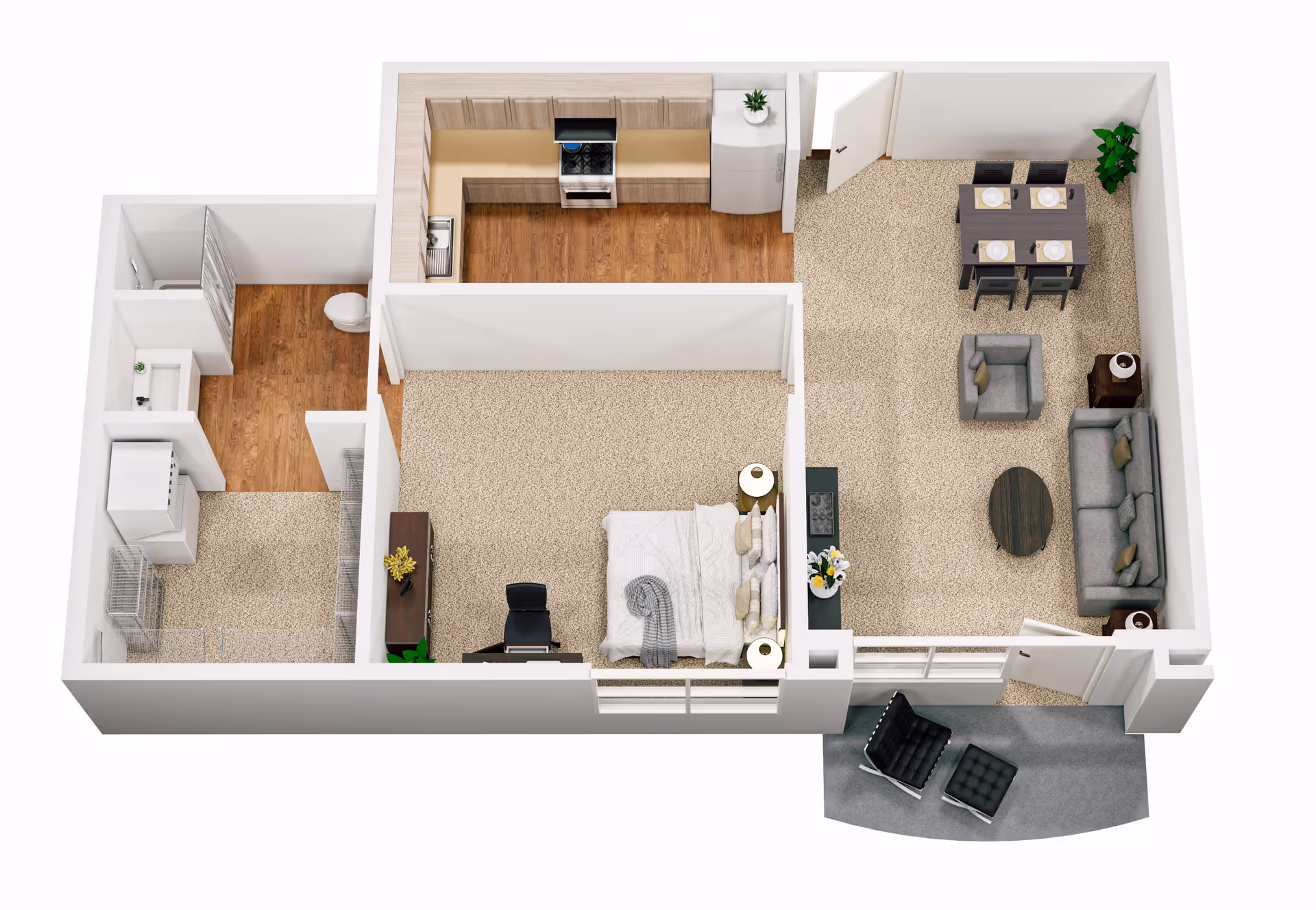 3D floor plan of a senior independent living apartment showing a bedroom with a bed, nightstands, and a desk with a chair; a living room with a sofa, armchair, coffee table, dining table with four chairs, and a plant; a kitchen with appliances and cabinets; a bathroom with a shower, toilet, and sink; and a small outdoor patio with two chairs and a footrest.