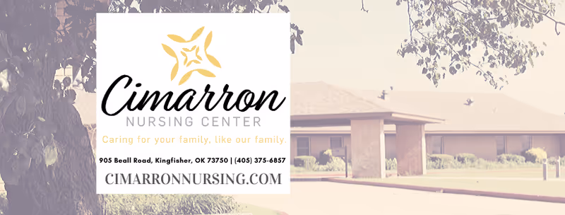 Building exterior of Cimarron Nursing Center with signage and landscaping.