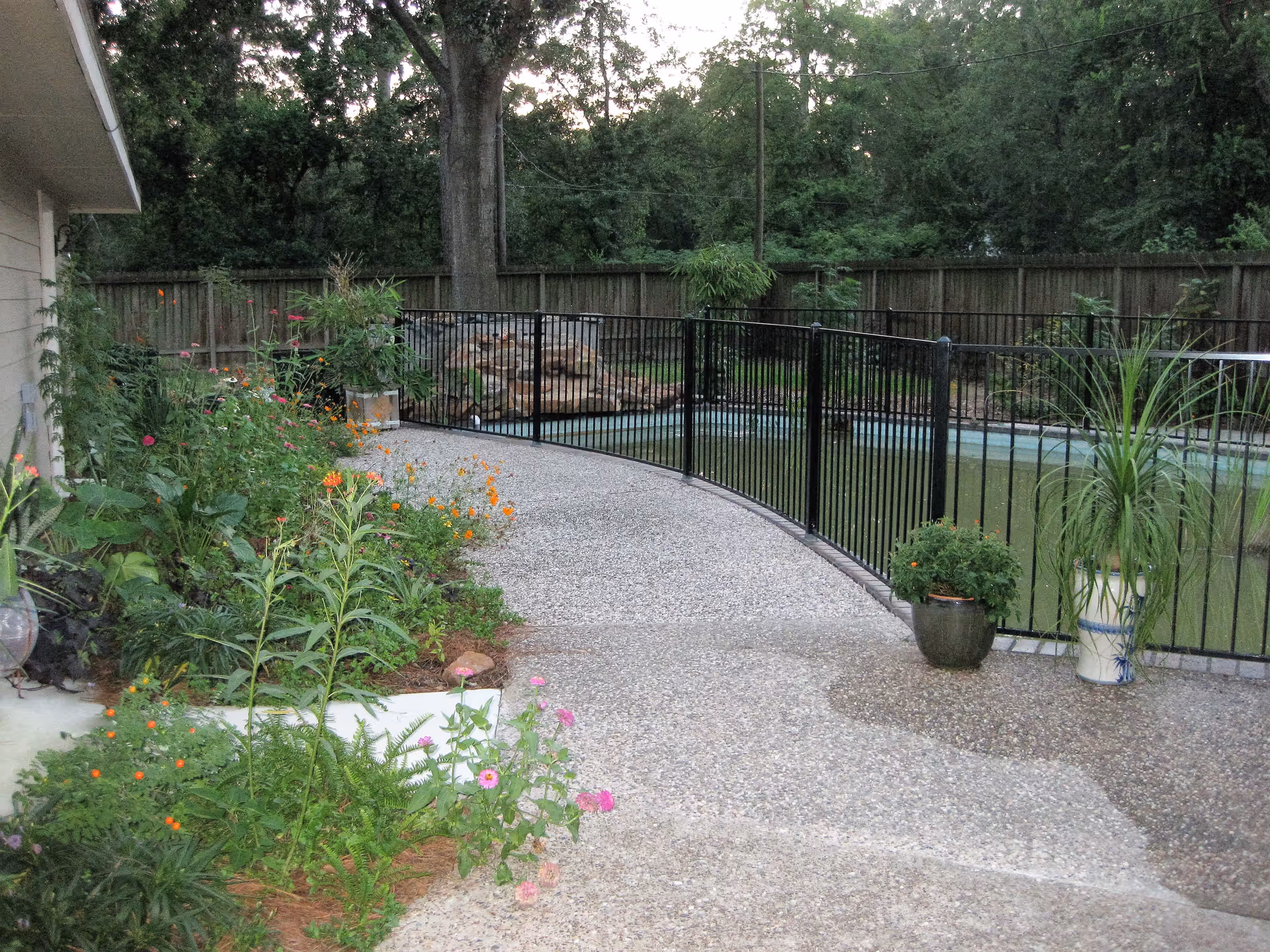 Outdoor garden area with a curved concrete pathway bordered by various flowering plants and potted plants. A black metal fence encloses a pool with a rock waterfall feature in the background. Tall trees and a wooden fence surround the area.