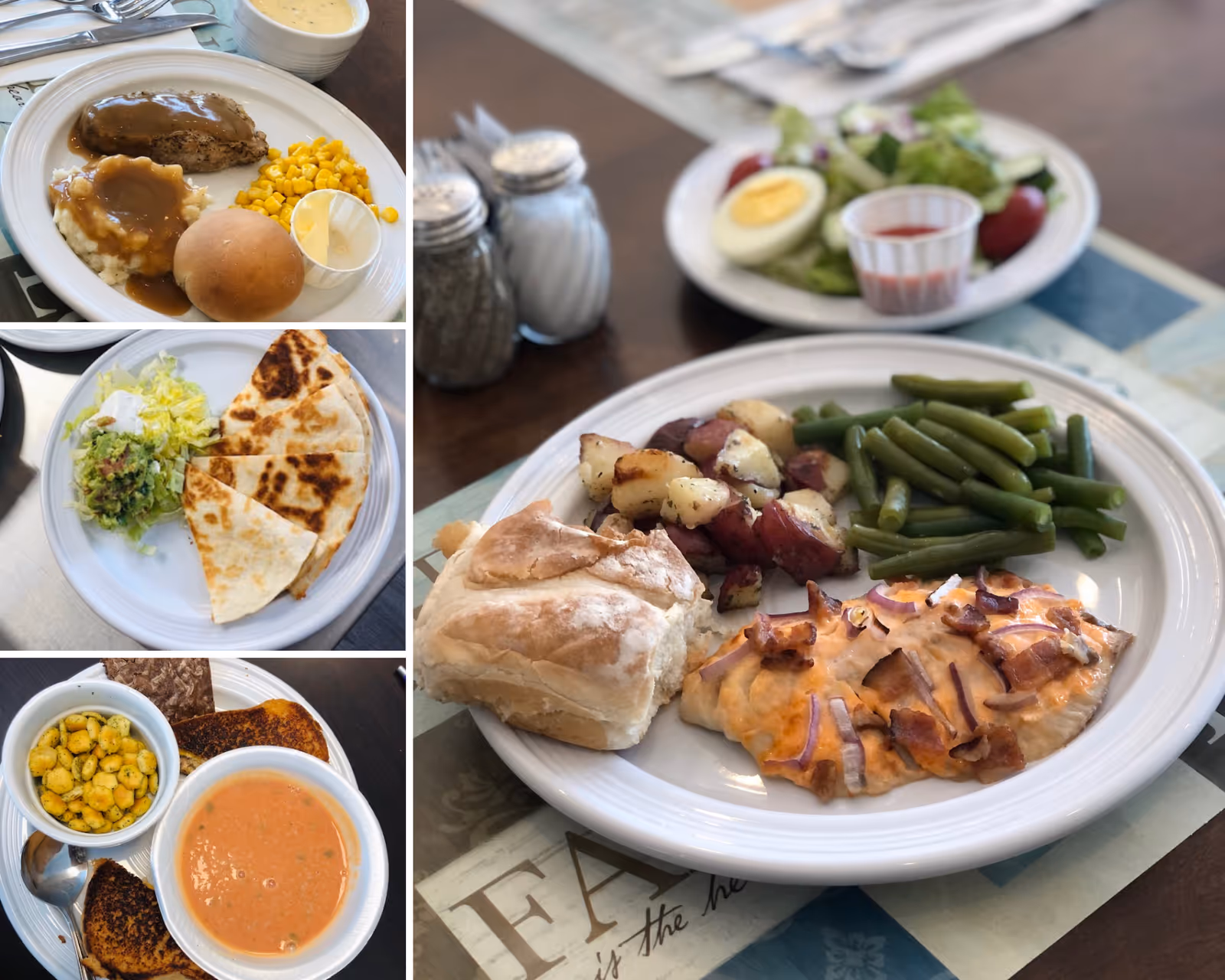 Multiple plated meals on a dining table including a main plate with roll, green beans, roasted potatoes and a cheesy chicken entree plus smaller plates of soup, quesadilla, meatloaf and sides.