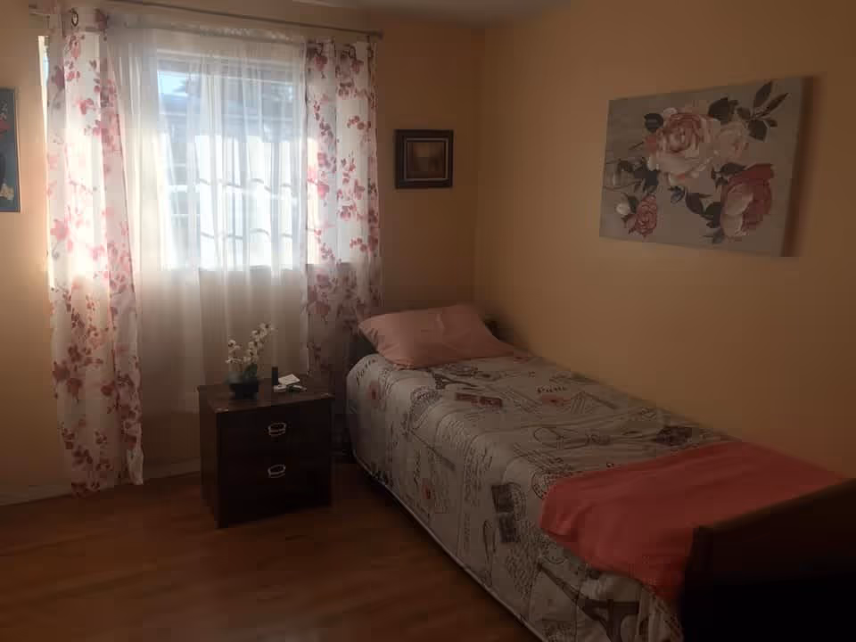 A small bedroom with a single bed covered in a patterned bedspread and a pink pillow. There is a wooden nightstand next to the bed with a small plant and some items on it. The room has light peach-colored walls, a window with sheer white and floral curtains, and a floral painting hanging on the wall above the bed.