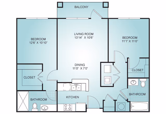Floor plan of a two-bedroom, two-bathroom apartment showing a central living room and dining area, kitchen, balcony, and closets.