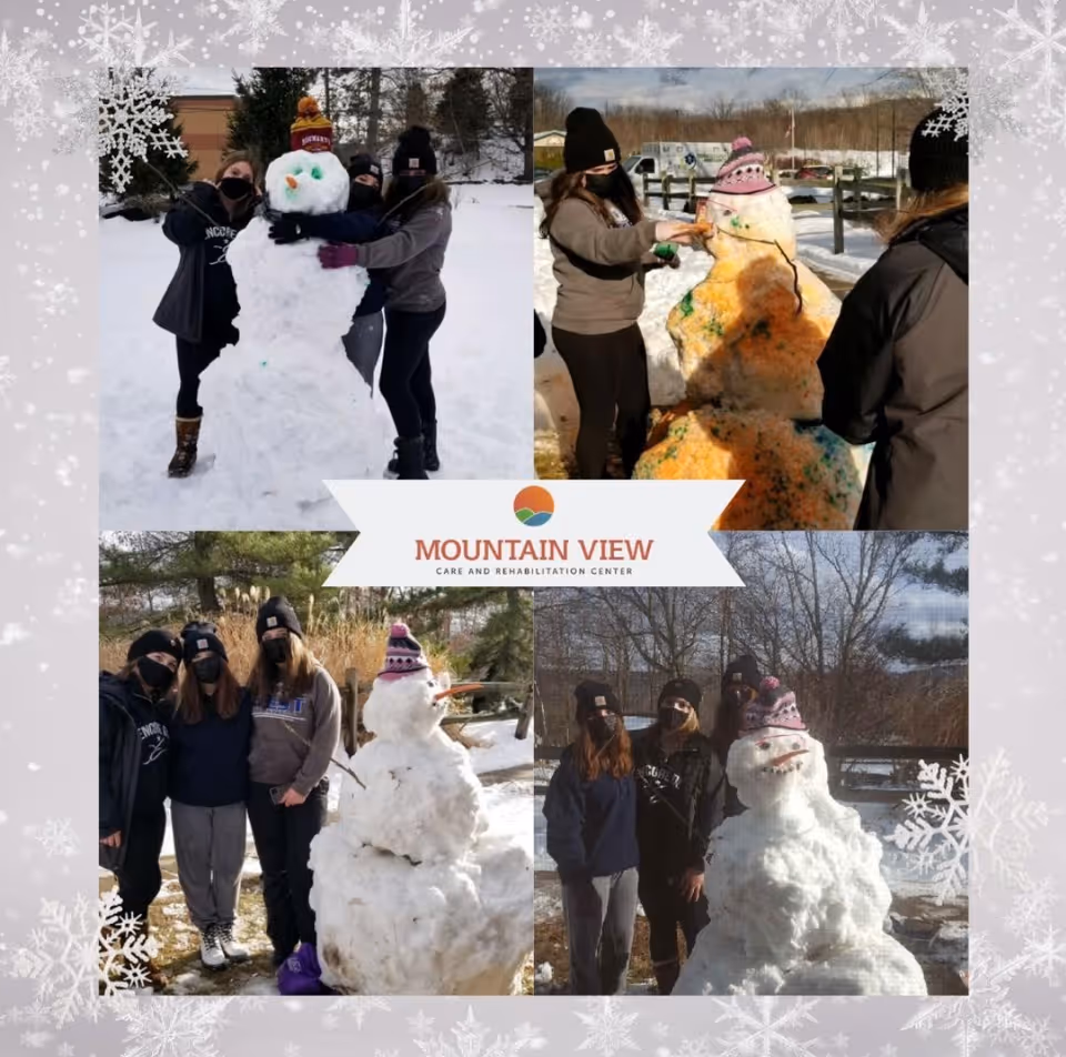 A collage of four photos showing people outdoors building and posing with snowmen. The people are dressed in winter clothing and wearing face masks. The background shows snowy and wooded areas. The collage has a snowflake border and a banner in the center with the text 'Mountain View Care and Rehabilitation Center'.