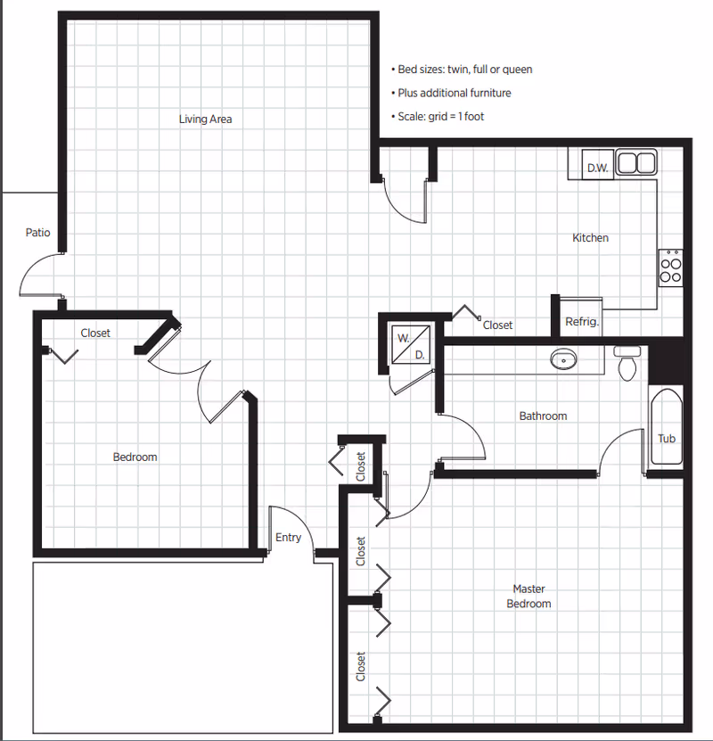 Black-and-white floor plan of a two-bedroom apartment showing a living area, kitchen, master bedroom, second bedroom, bathroom, closets, and a patio.