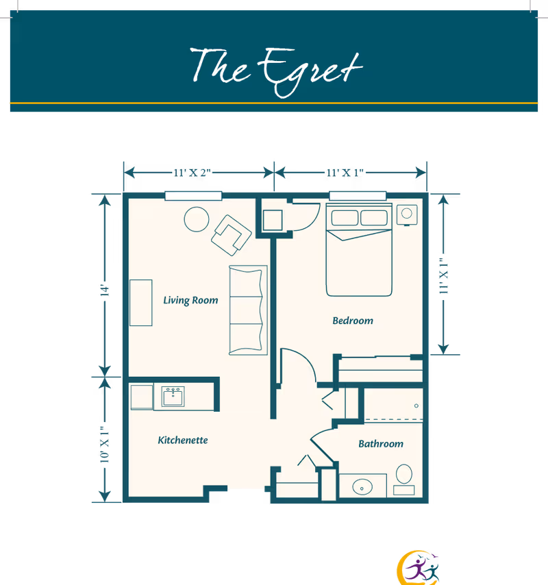 Floor plan titled "The Egret" showing a one-bedroom layout with a living room, kitchenette, bedroom and bathroom.