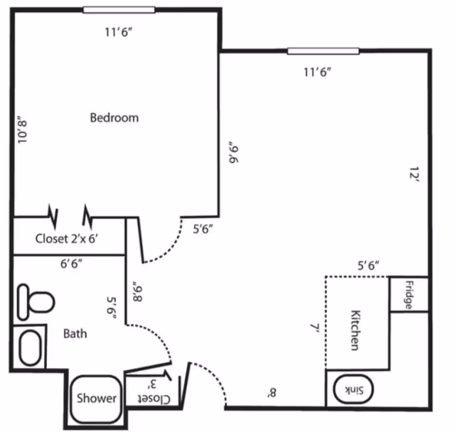 Floor plan of a living space at HarborChase of Madison showing a bedroom, bathroom with shower, two closets, and a kitchen area with a fridge and sink.