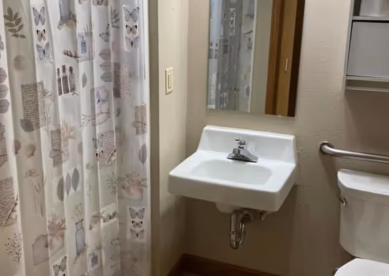 Small bathroom with a wall-mounted sink and mirror, toilet with grab bar, and a patterned shower curtain.