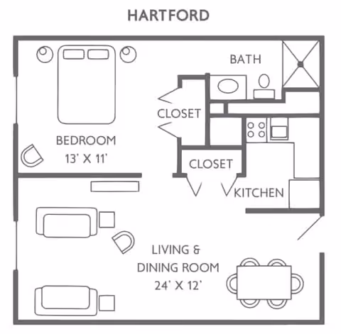 Floor plan labeled Hartford showing a one-bedroom apartment with a bedroom measuring 13 by 11 feet, a bathroom, two closets, a kitchen, and a combined living and dining room measuring 24 by 12 feet. The layout includes furniture placements such as a bed, chairs, sofas, and a dining table with four chairs.
