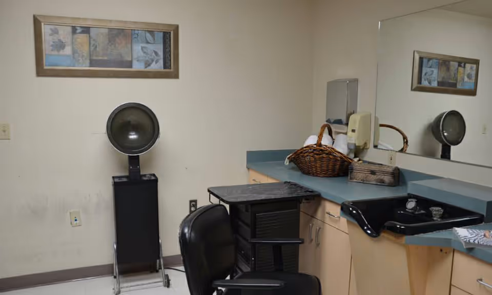 Salon-style interior with a hooded hair dryer, styling chair, countertop sink, mirror and a basket on the counter.