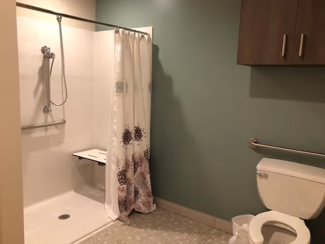 A bathroom with a walk-in shower featuring a handheld showerhead and a fold-down seat. The shower has a white curtain with a floral pattern. Next to the shower is a toilet with a grab bar on the wall behind it. The walls are painted green and there is a wooden cabinet mounted above the toilet. The floor has a patterned tile design.
