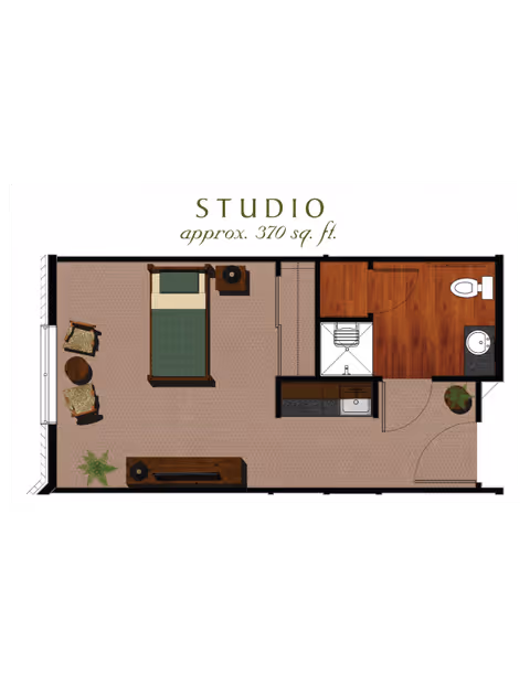 Floor plan of a studio apartment approximately 370 square feet, showing a combined living and sleeping area with a bed, two chairs, a small table, a TV stand, a kitchenette with a sink, and a bathroom with a toilet and sink.