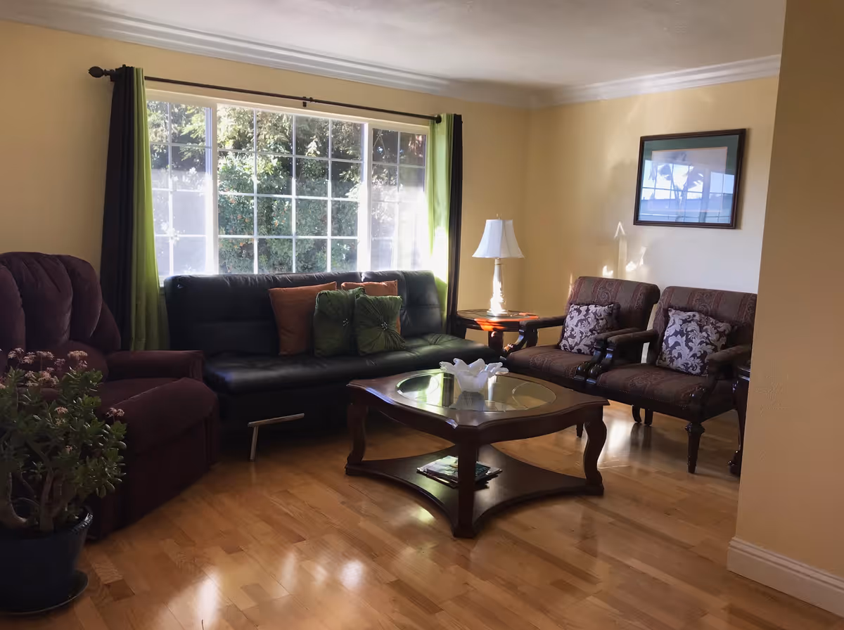 Sunlit living room with a black leather sofa, upholstered armchairs, a wooden coffee table, and a large window with green curtains.