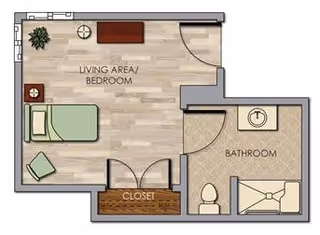 Top-down floor plan of a studio apartment labeled 'Living Area/Bedroom' showing a bed, seating, a closet, and an adjacent bathroom with sink, toilet, and shower.