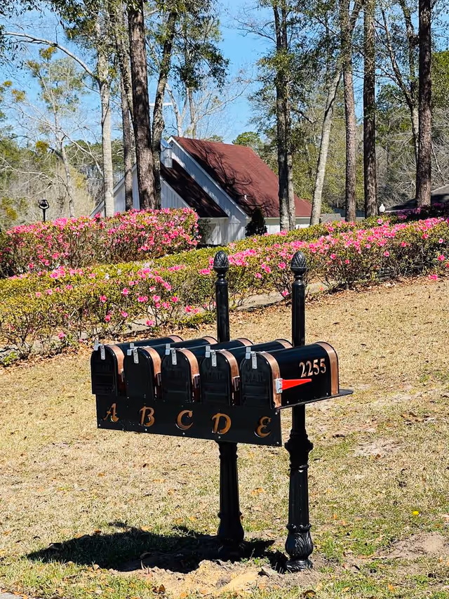 A set of five black mailboxes labeled A, B, C, D, and E mounted on a black post with the number 2255 on the side. The mailboxes are situated on a grassy area with blooming pink flowers and trees in the background, along with a house with a red roof.