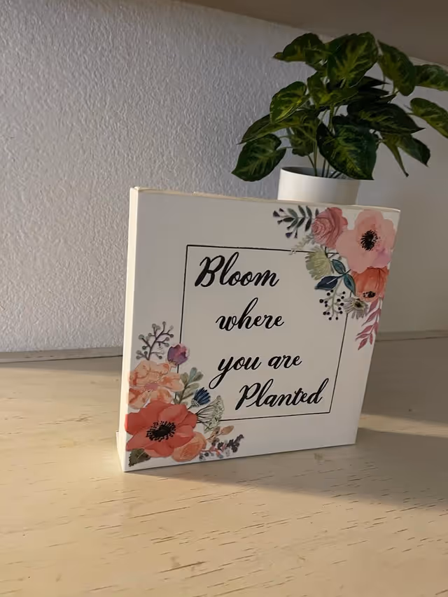 A decorative sign with floral designs on the corners that reads 'Bloom where you are Planted,' placed on a light-colored wooden surface with a potted green plant in the background.