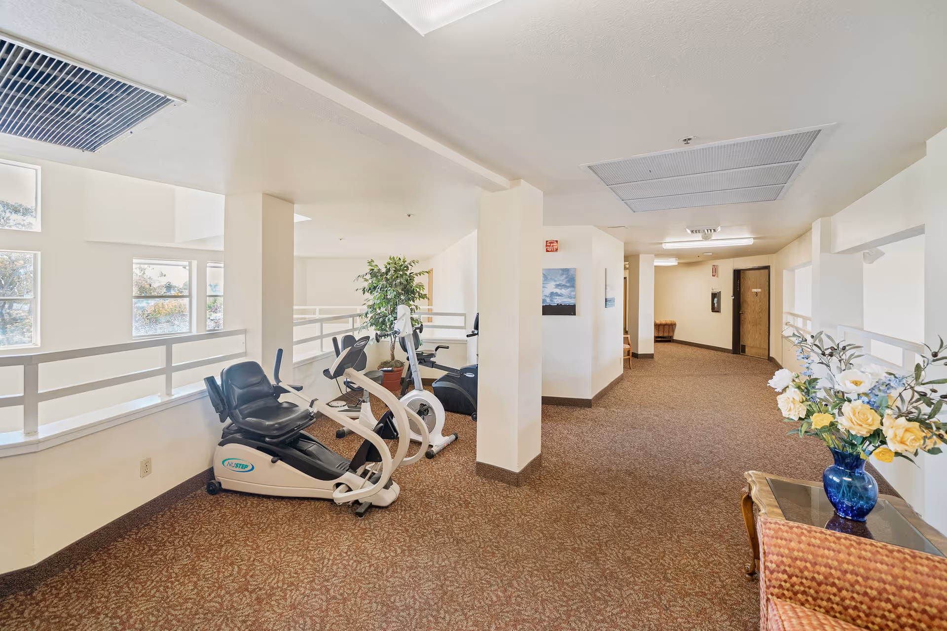 Interior hallway area in a senior living facility with exercise equipment including a recumbent bike and stationary bike near a railing overlooking windows. The space has beige walls, patterned carpet, a potted plant, and a small table with a blue vase holding yellow and white flowers. There are chairs and wall art along the hallway.