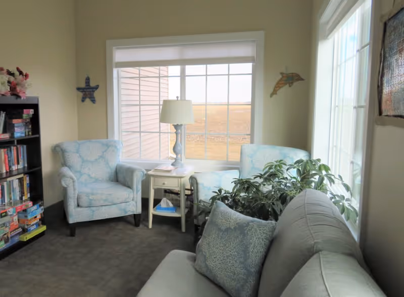 Sunlit sitting area with two patterned armchairs, a sofa, side table with lamp and a bookshelf by large windows.