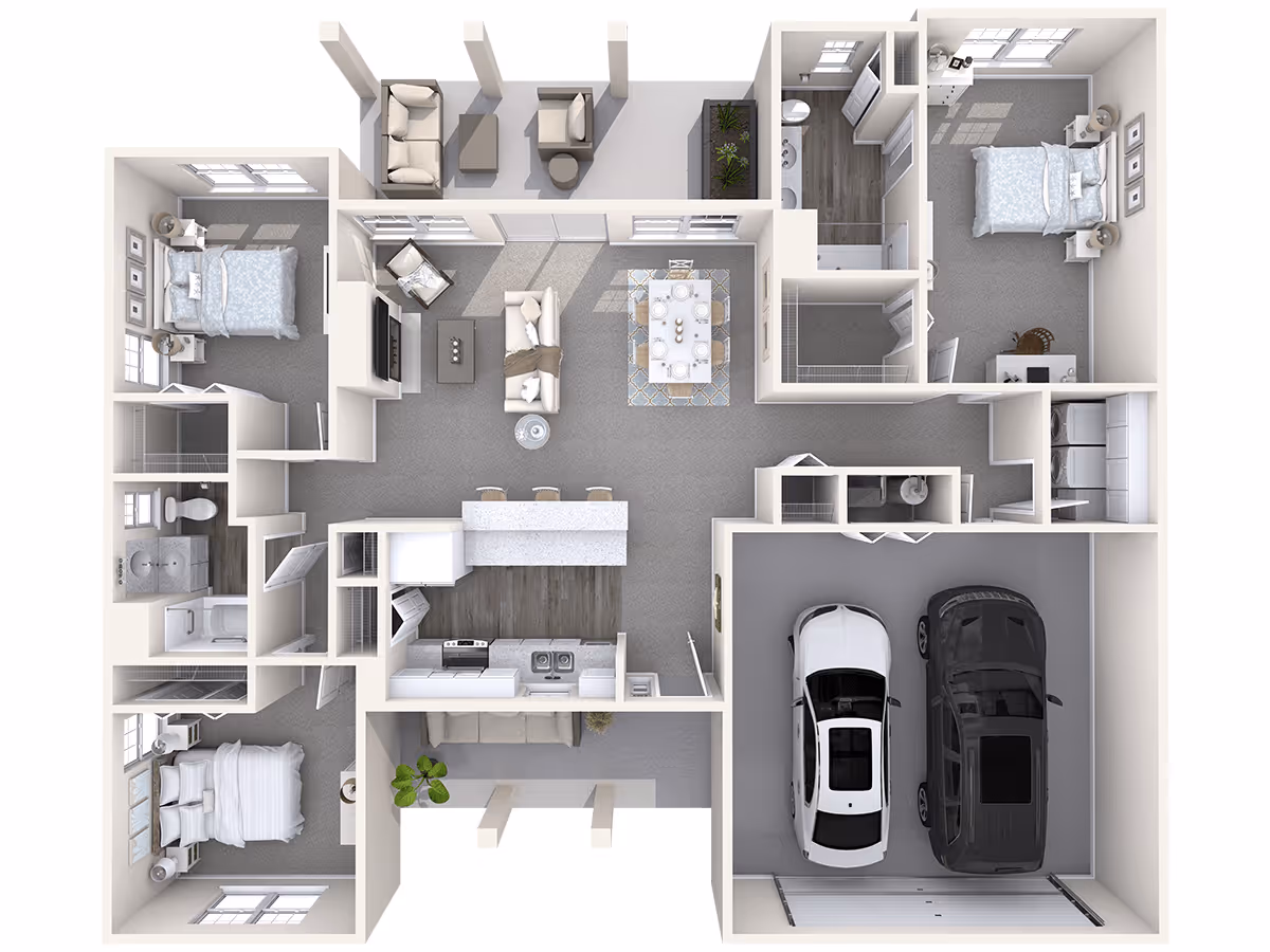 3D floor plan of a residential unit featuring three bedrooms, two bathrooms, a kitchen with an island and bar stools, a dining area with a table and six chairs, a living room with sofas and a TV, a laundry area with washer and dryer, and a two-car garage. The layout includes windows in each bedroom and living areas, and some outdoor seating space adjacent to the living room.
