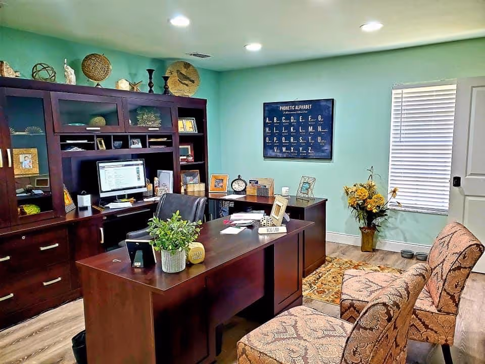 A bright office interior with a dark wood desk and shelving, computer monitor, decorative items, two patterned guest chairs and teal walls.