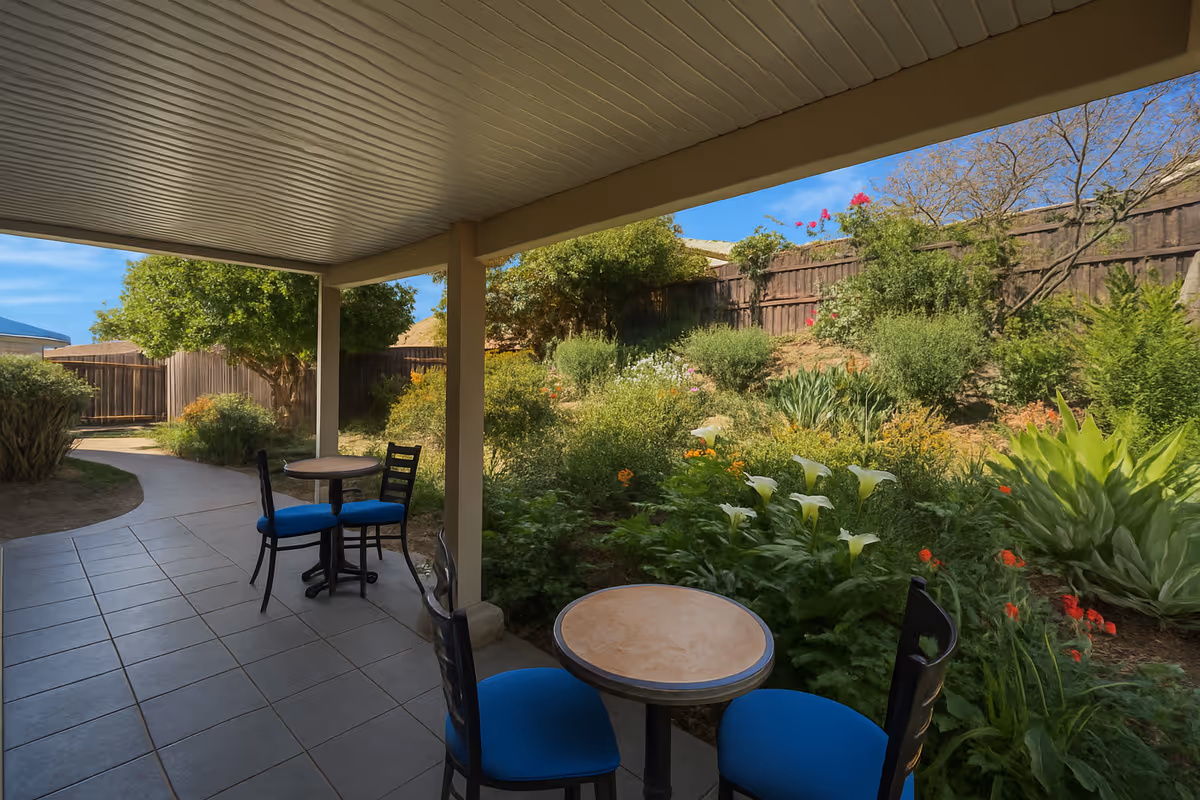 Covered patio area with two small round tables and four chairs with blue cushions, overlooking a garden with various green plants and flowers, enclosed by a wooden fence under a clear blue sky.