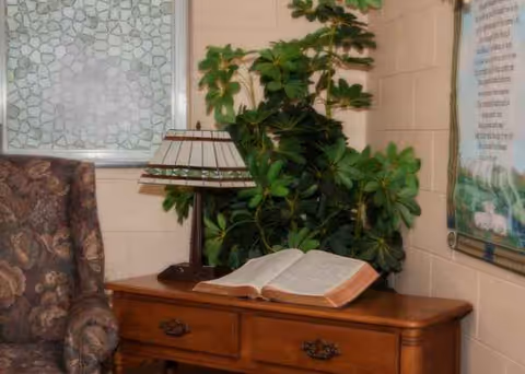 Open book on a wooden table beside a lamp, couch, and lush plants.