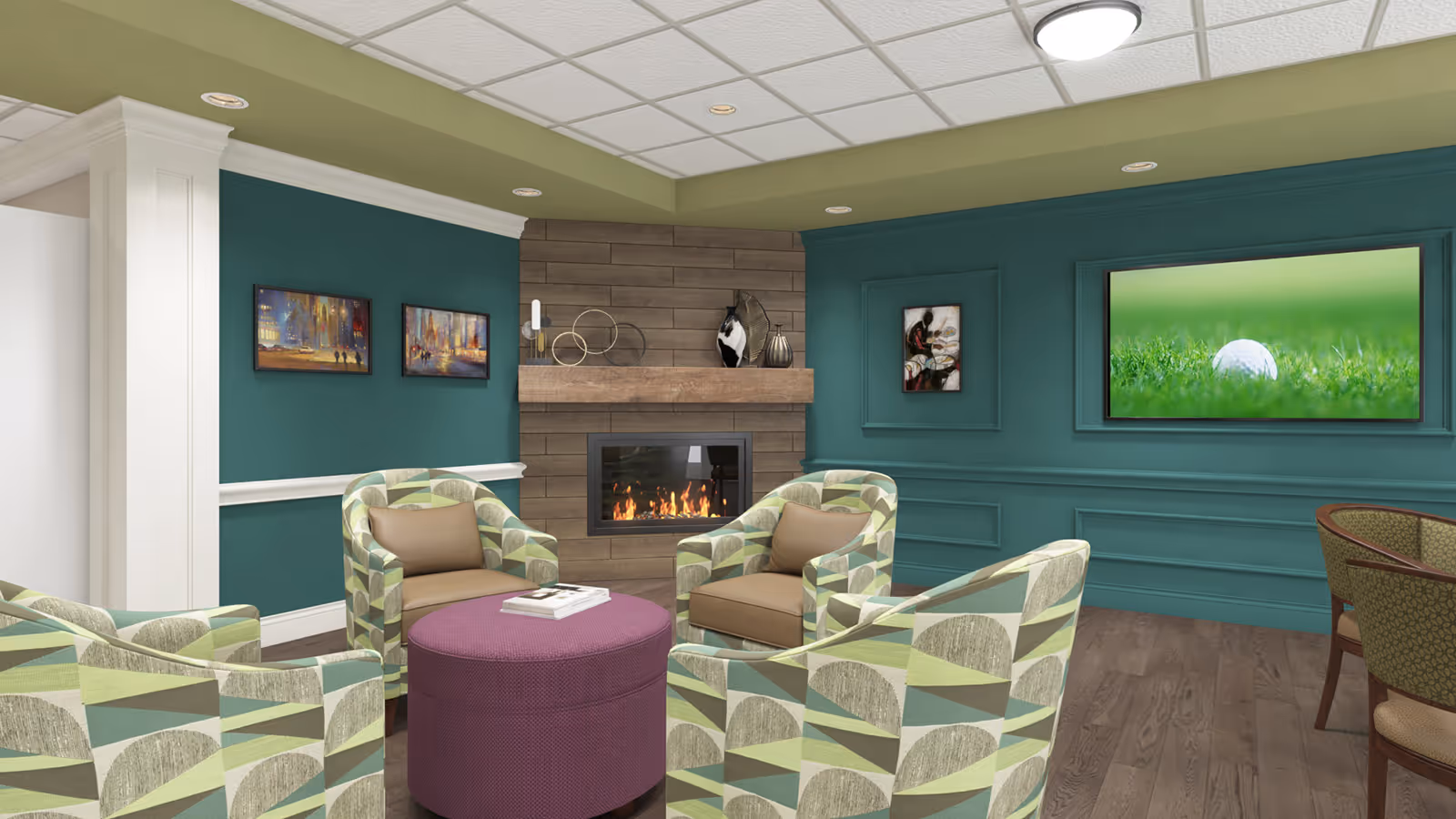 A cozy living room area with four patterned armchairs arranged around a round purple ottoman. The room features a modern fireplace with a wooden mantel, decorative items on the mantel, and teal walls adorned with framed artwork. A large flat-screen TV on the wall displays a close-up image of a golf ball on grass. The ceiling has recessed lighting and a white grid pattern.