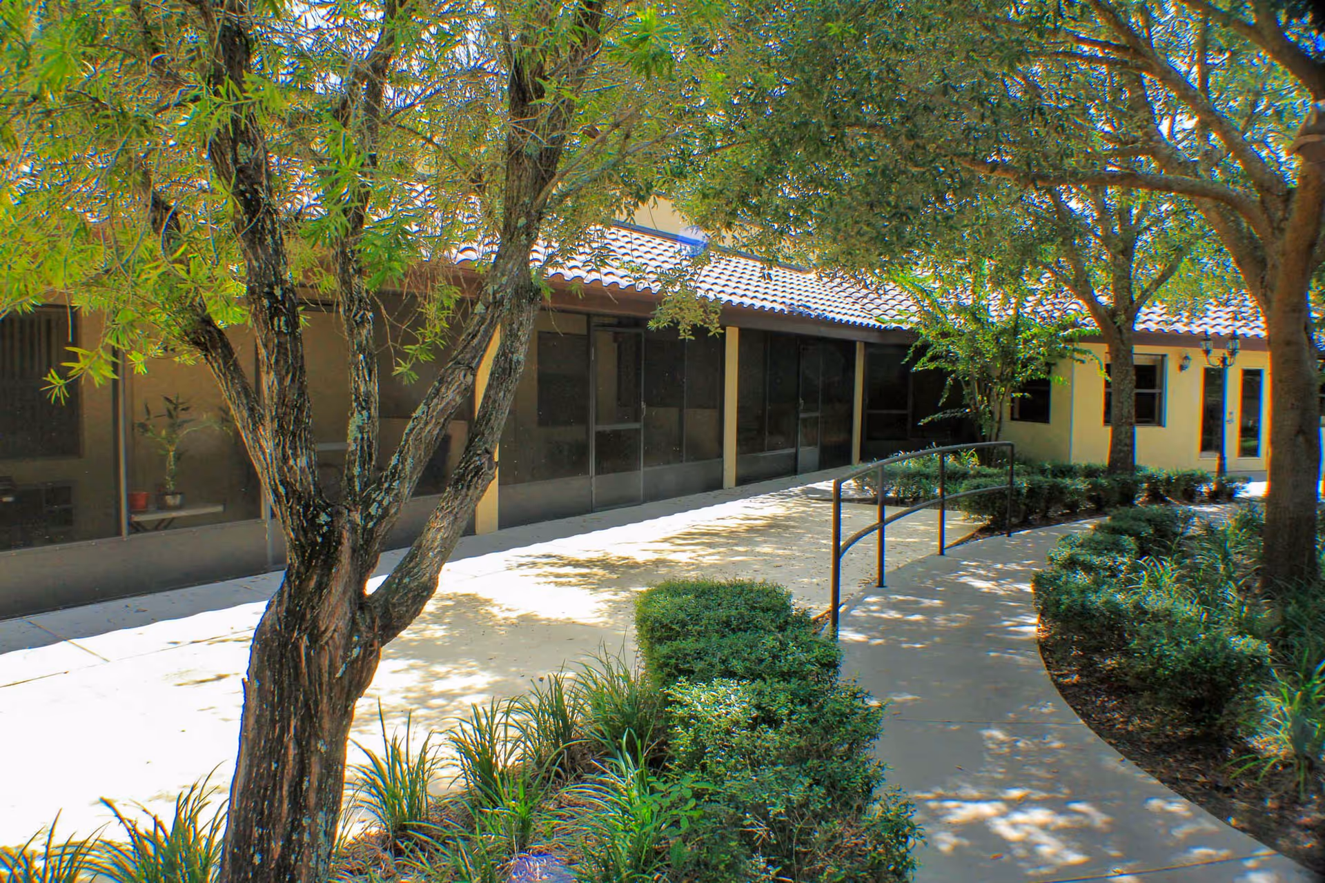 Outdoor walkway at Gold Choice Ormond Beach Assisted Living with a curved concrete path, handrails, trees, and shrubs alongside a building with screened windows and a tiled roof.