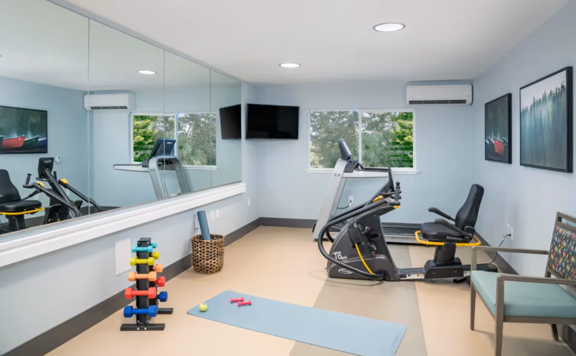 A small fitness room with exercise equipment including a recumbent bike, treadmill, colorful dumbbells on a rack, a yoga mat with small weights and a tennis ball, a large wall mirror, two windows showing greenery outside, a wall-mounted TV, and two framed pictures on the wall. There is also a chair with a patterned cushion.
