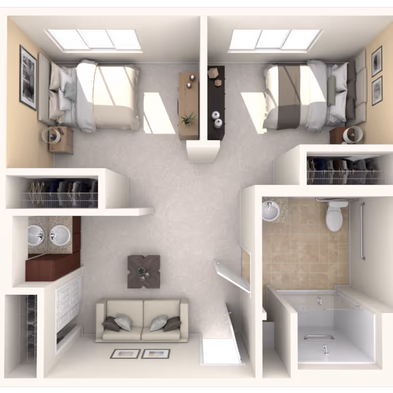 Top-down view of a senior living apartment floor plan featuring two bedrooms with beds and nightstands, a shared living room with a sofa and coffee table, a bathroom with a shower, toilet, and sink, and closets adjacent to each bedroom.