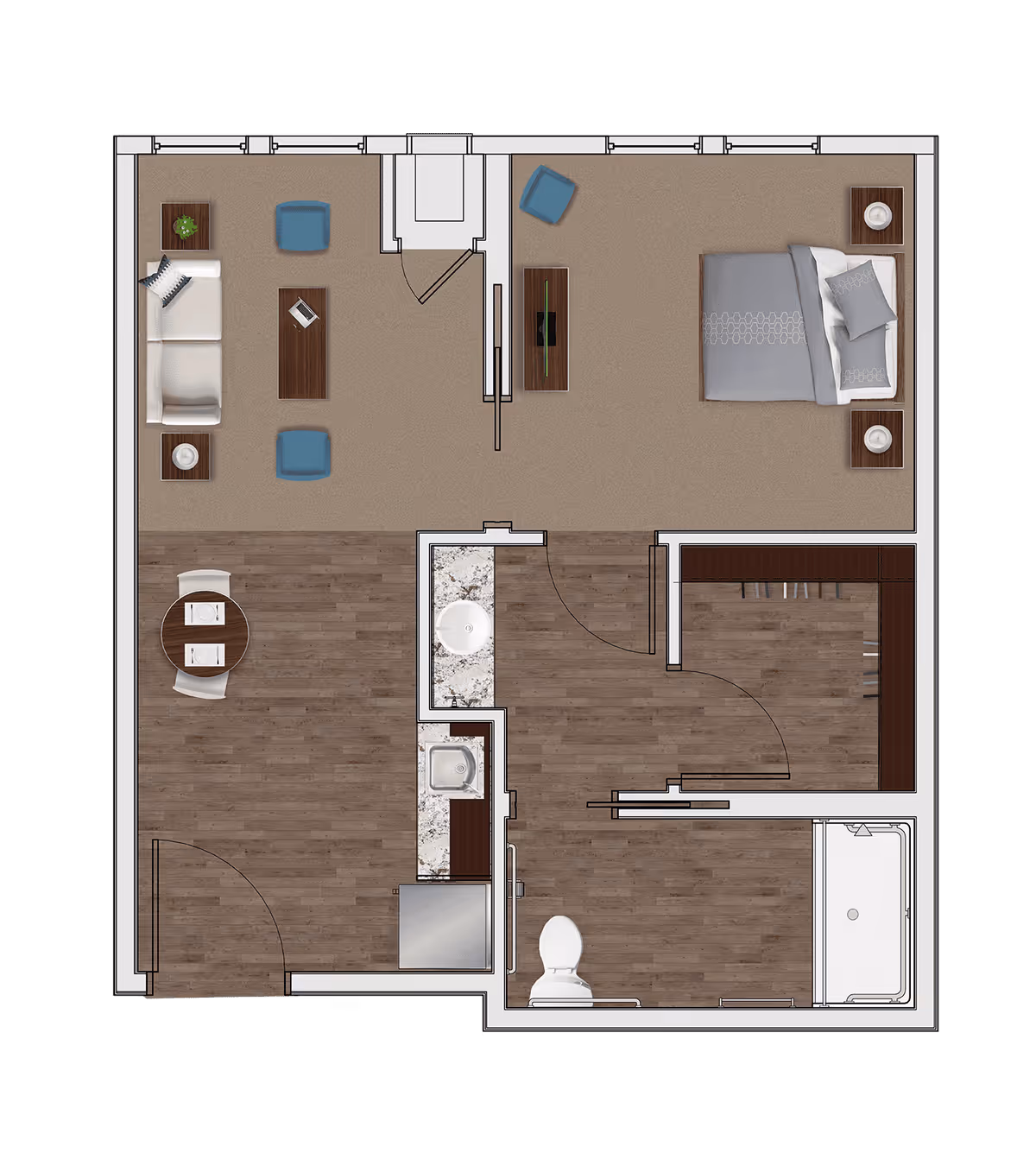 Floor plan of a senior living apartment featuring a living room with a sofa, two chairs, and two side tables; a bedroom with a bed and two nightstands; a kitchen area with a sink, stove, and small dining table with two chairs; a bathroom with a toilet, sink, and shower; and a closet space.