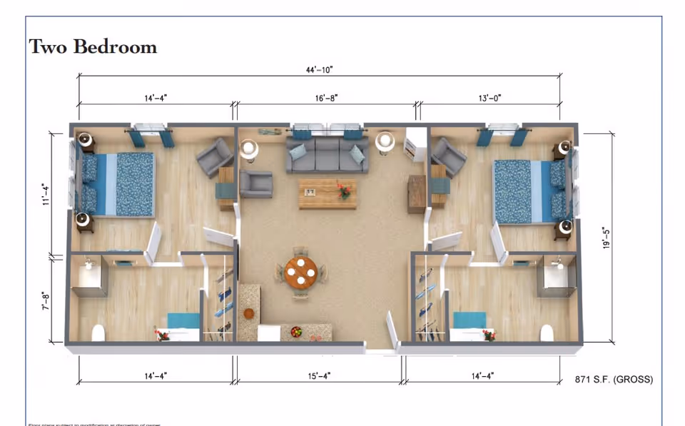 Floor plan of a two-bedroom apartment featuring two bedrooms on either side, each with a bed, nightstands, and a bathroom. The central area includes a living room with a sofa, chairs, coffee table, and a dining area with a round table and four chairs. The kitchen area is adjacent to the dining space. Dimensions of each room and the overall layout are marked.